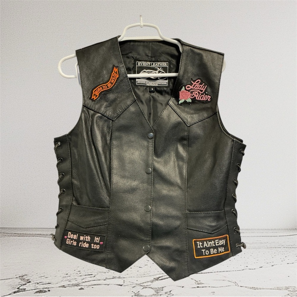 Event Leather ELL4900 Women's Sz S Black Side Lace Love To Ride Pre Patched Vest